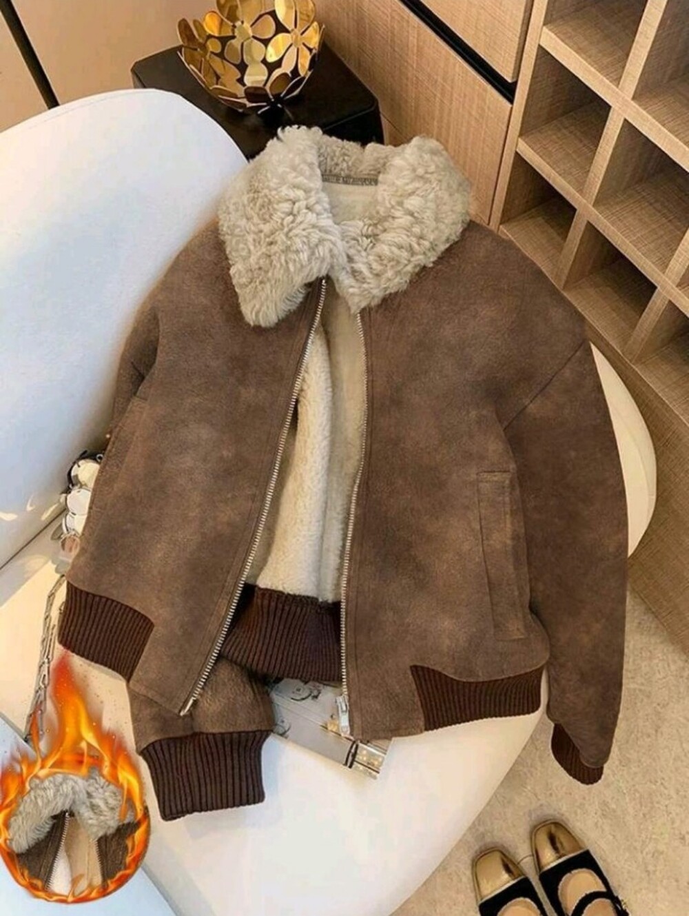 Fashion Temperament CLapel Fur One-Piece Thick Brown Jacket Women